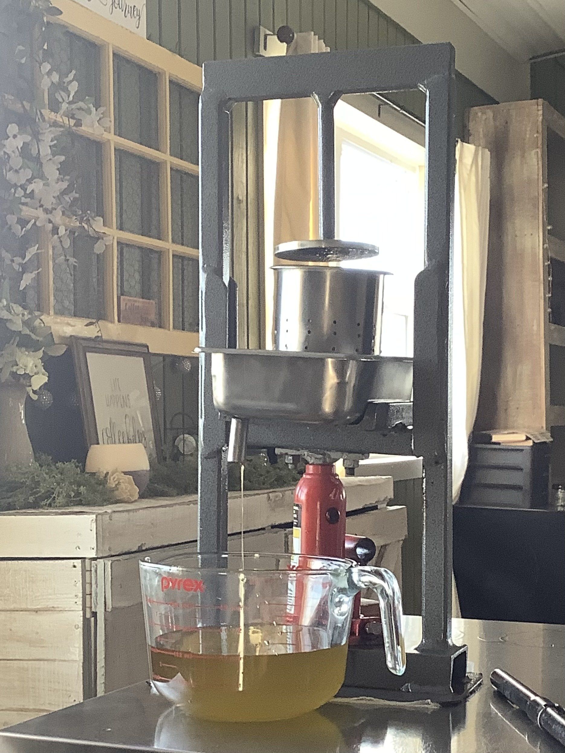 Cold-pressing natural oils in rustic kitchen – flow into glass cup