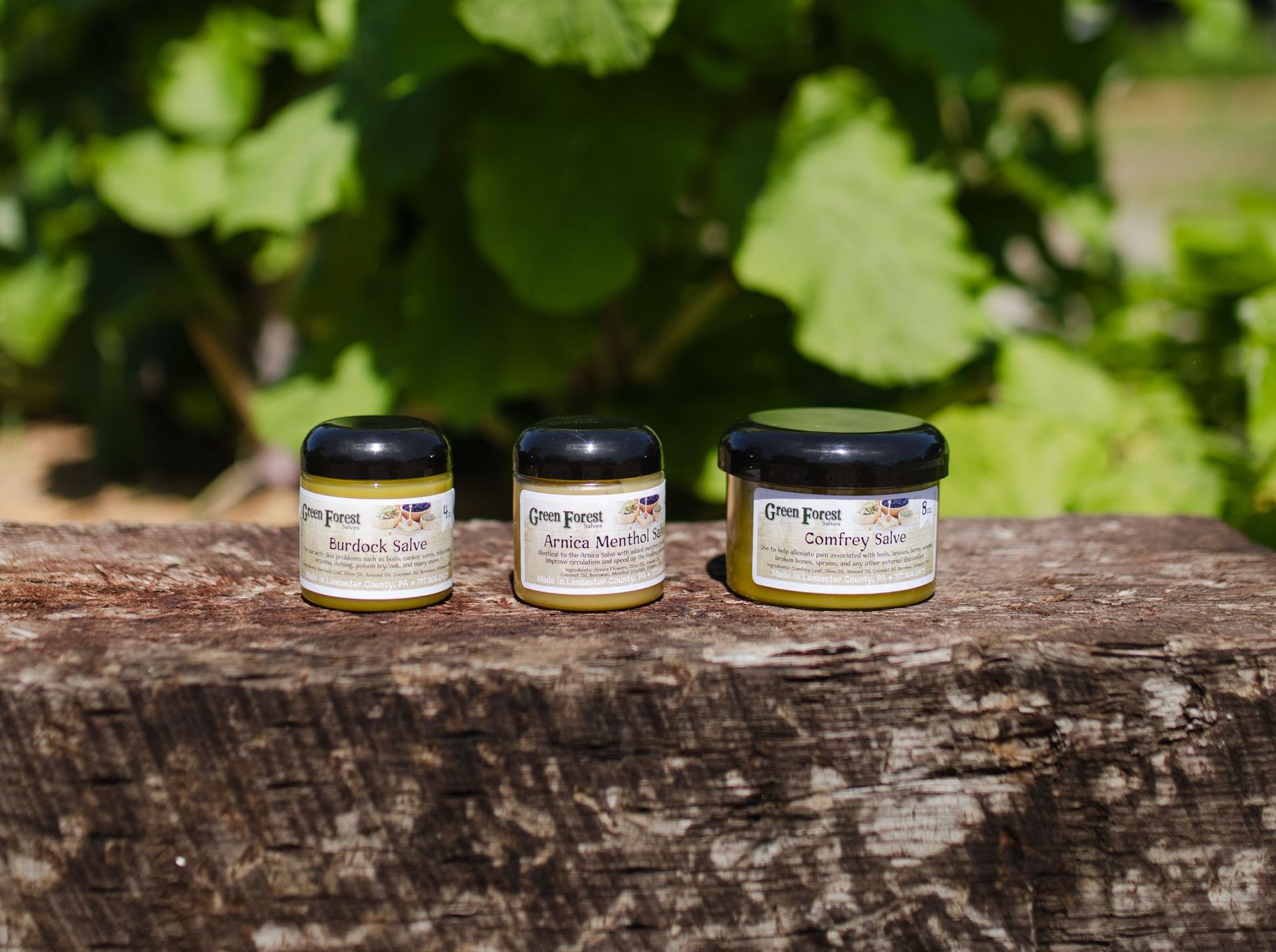 Green Forest herbal salves – Burdock, Arnica Menthol, and Comfrey on wood surface with natural leaf background