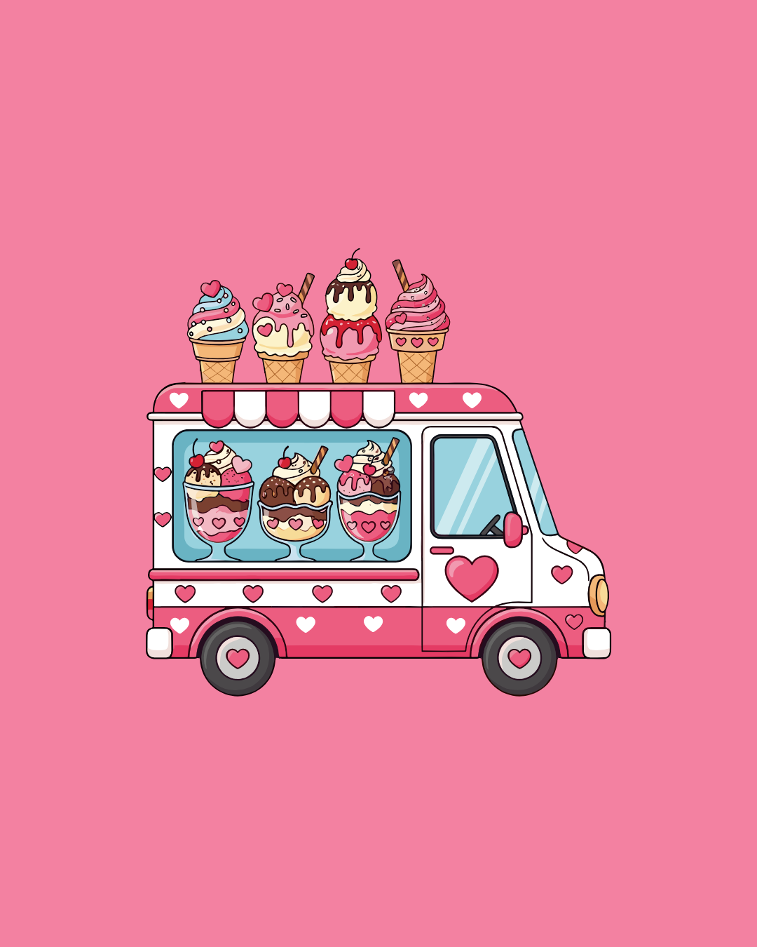 Pink ice cream truck with heart accents and ice cream cones on top — Happy Hills Ice Creamery In Atherton, QLD