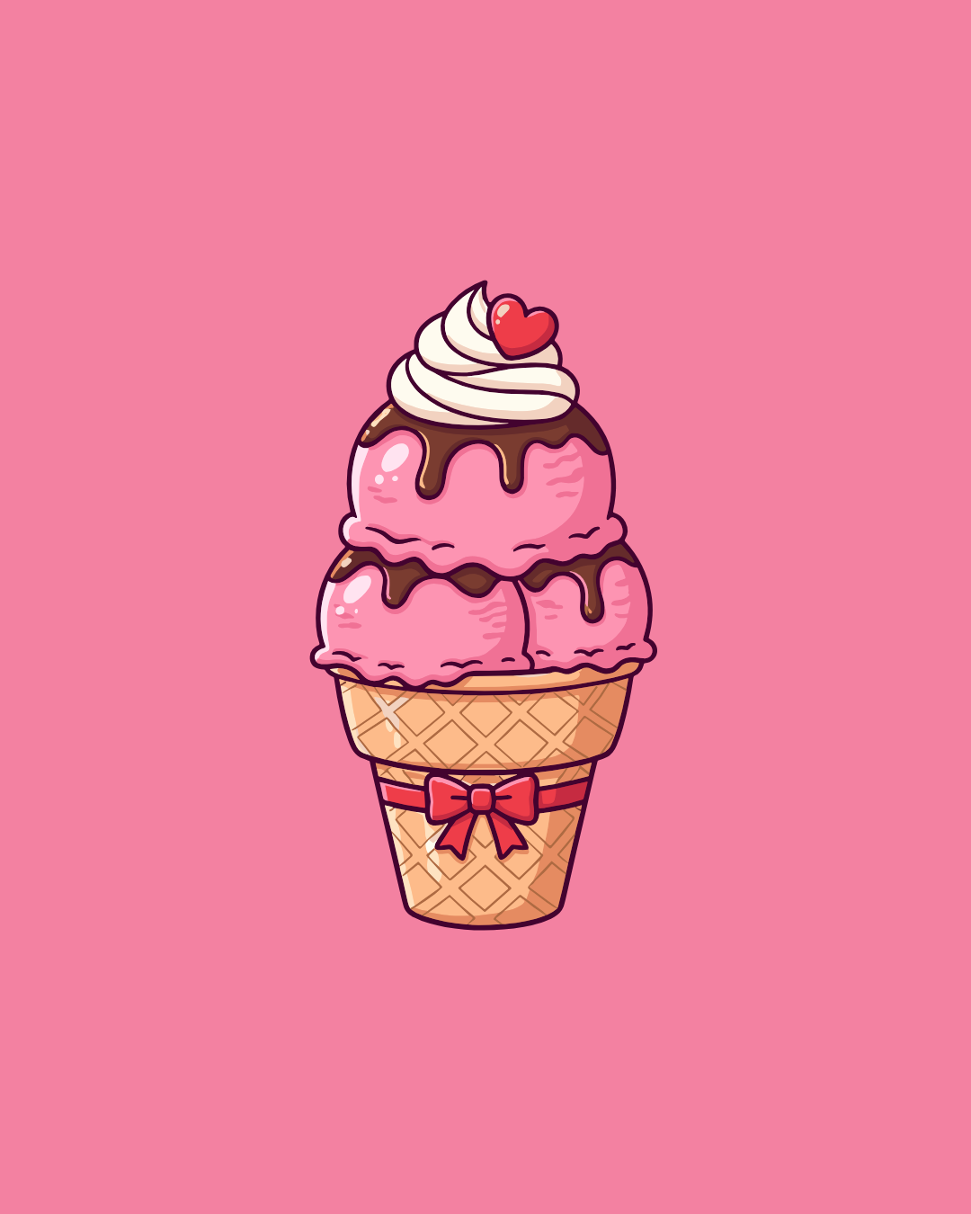 Pink ice cream cone with chocolate, whipped cream, and heart on pink background — Happy Hills Ice Creamery In Atherton, QLD