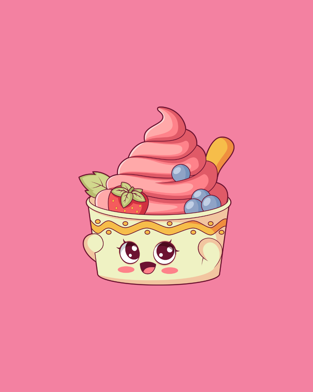 Cute cartoon ice cream sundae in a cup, pink, decorated with berries and mint — Happy Hills Ice Creamery In Atherton, QLD