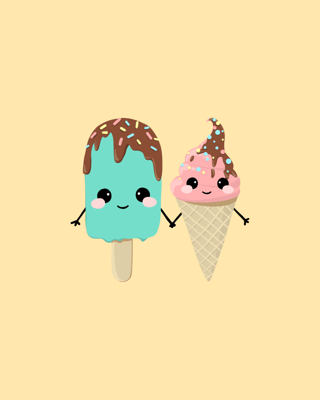 A teal popsicle and pink ice cream cone holding hands, both smiling, with chocolate sprinkles — Happy Hills Ice Creamery In Atherton, QLD