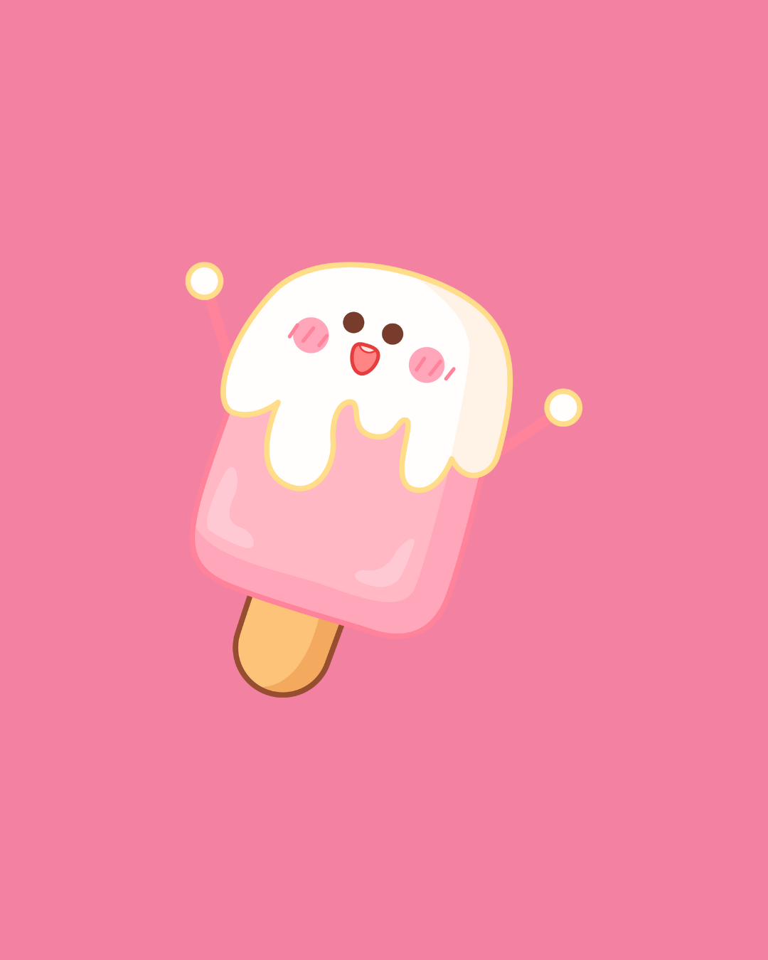 Pink ice cream popsicle with a cute face and melting white topping on a pink background — Happy Hills Ice Creamery In Atherton, QLD