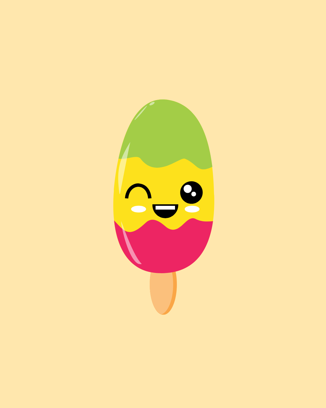 A cartoon popsicle with green, yellow, and red layers, winking and smiling on a light orange background — Happy Hills Ice Creamery In Atherton, QLD