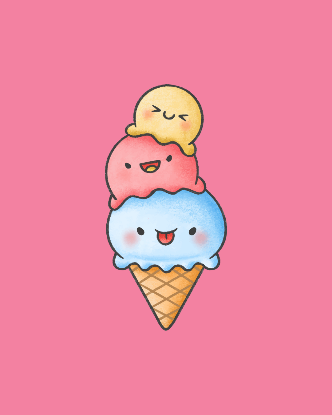Cute ice cream cone with three scoops: blue, pink, and yellow, each with a happy face, on pink background — Happy Hills Ice Creamery In Atherton, QLD
