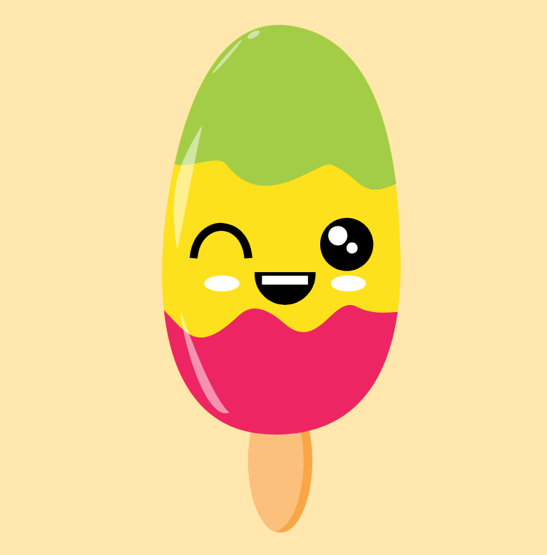 Cartoon popsicle with green, yellow, and red layers, winking face, and wooden stick — Happy Hills Ice Creamery In Atherton, QLD