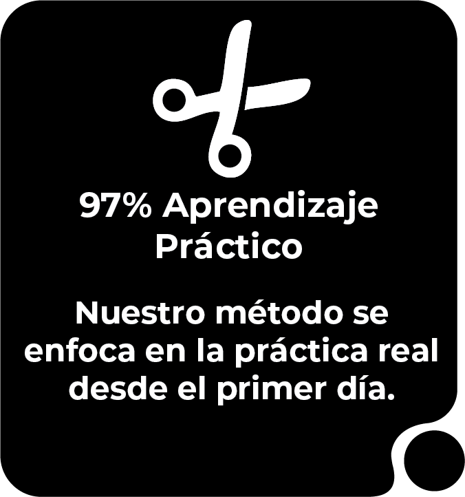 Cuadrado negro con icono de tijeras. Texto: «97 % aprendizaje práctico. Nuestro método se centra en la práctica real desde el primer día».