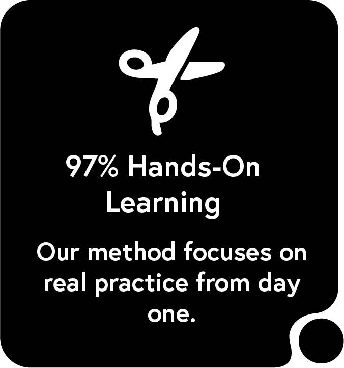 A black and white graphic with a pair of scissors and the words `` 97 % hands-on learning ''.