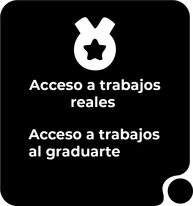 Cuadrado negro con texto blanco y un icono de insignia. Anuncia 