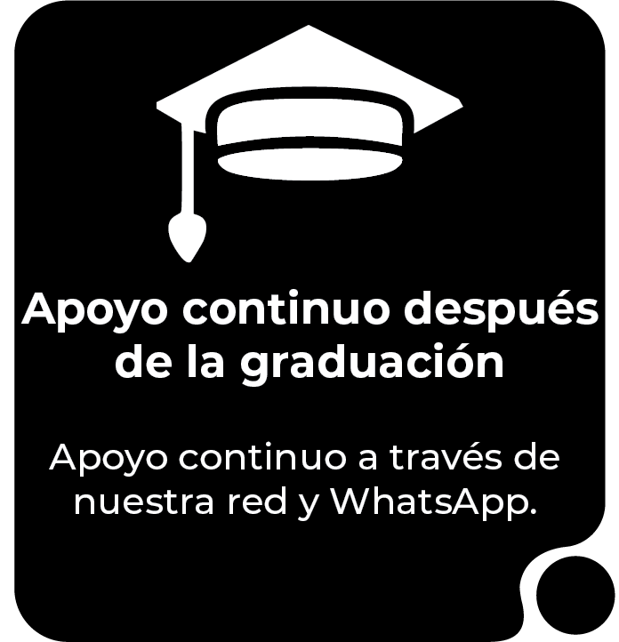 Cuadrado negro con texto blanco y un birrete de graduación. El texto dice: 
