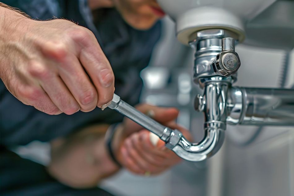 A plumber is fixing a sink pipe with a wrench.