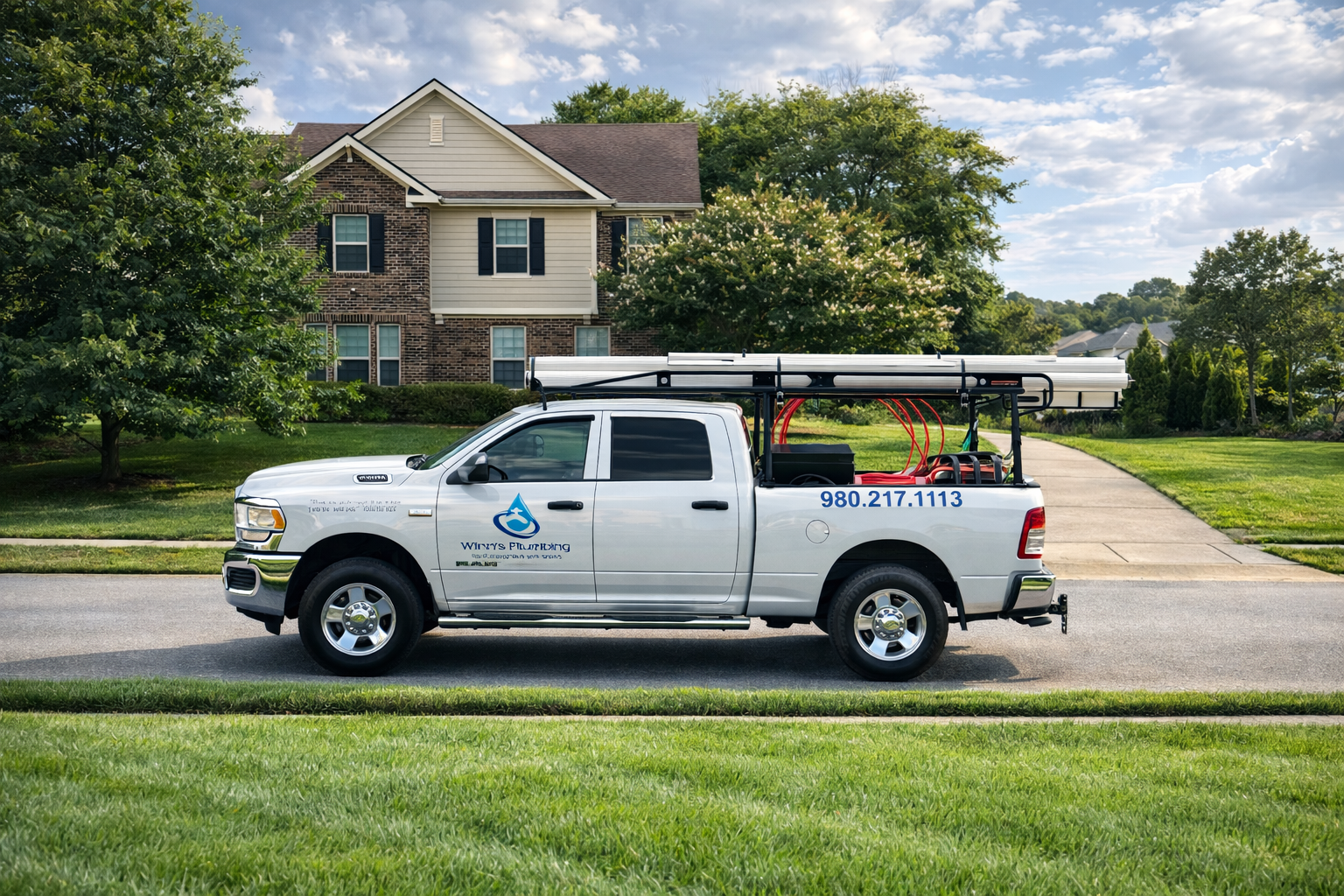 A white service truck with an equipment rack parked on a suburban street in front of a two-story house. A white service truck parked on a suburban street in front of a house, featuring a roof rack and company branding.