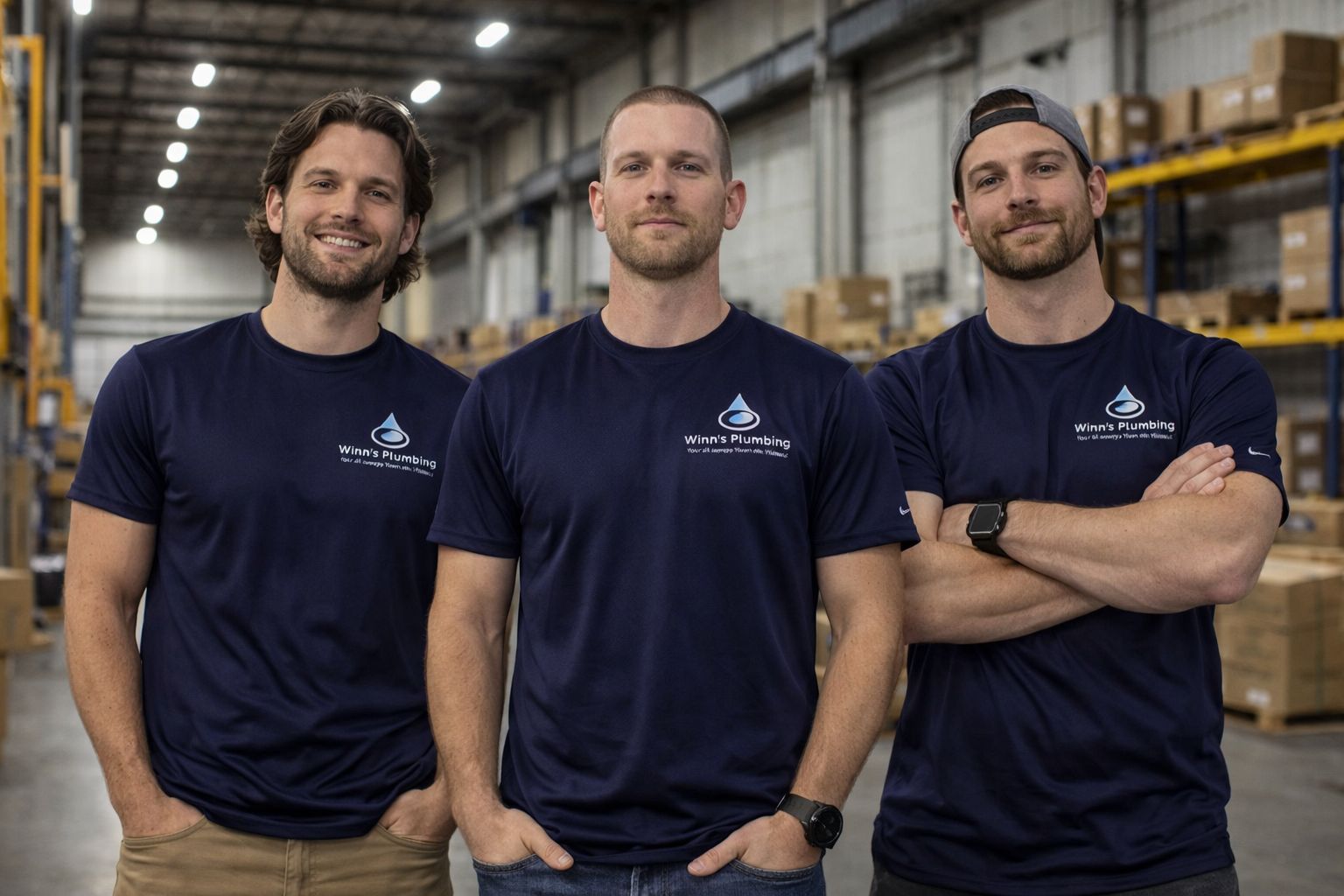 Plumber fixing a drain with an adjustable wrench in Concord, NC. A plumber in a yellow hard hat uses a wrench to tighten the chrome P-trap pipe under a sink.