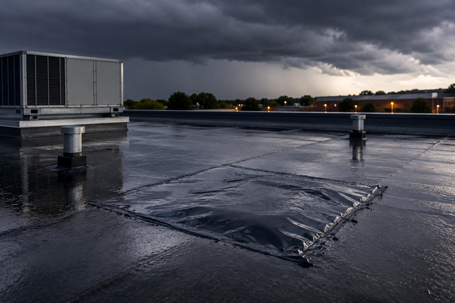 Rain-soaked rooftop at dusk with a distant person and a large HVAC unit on the left
