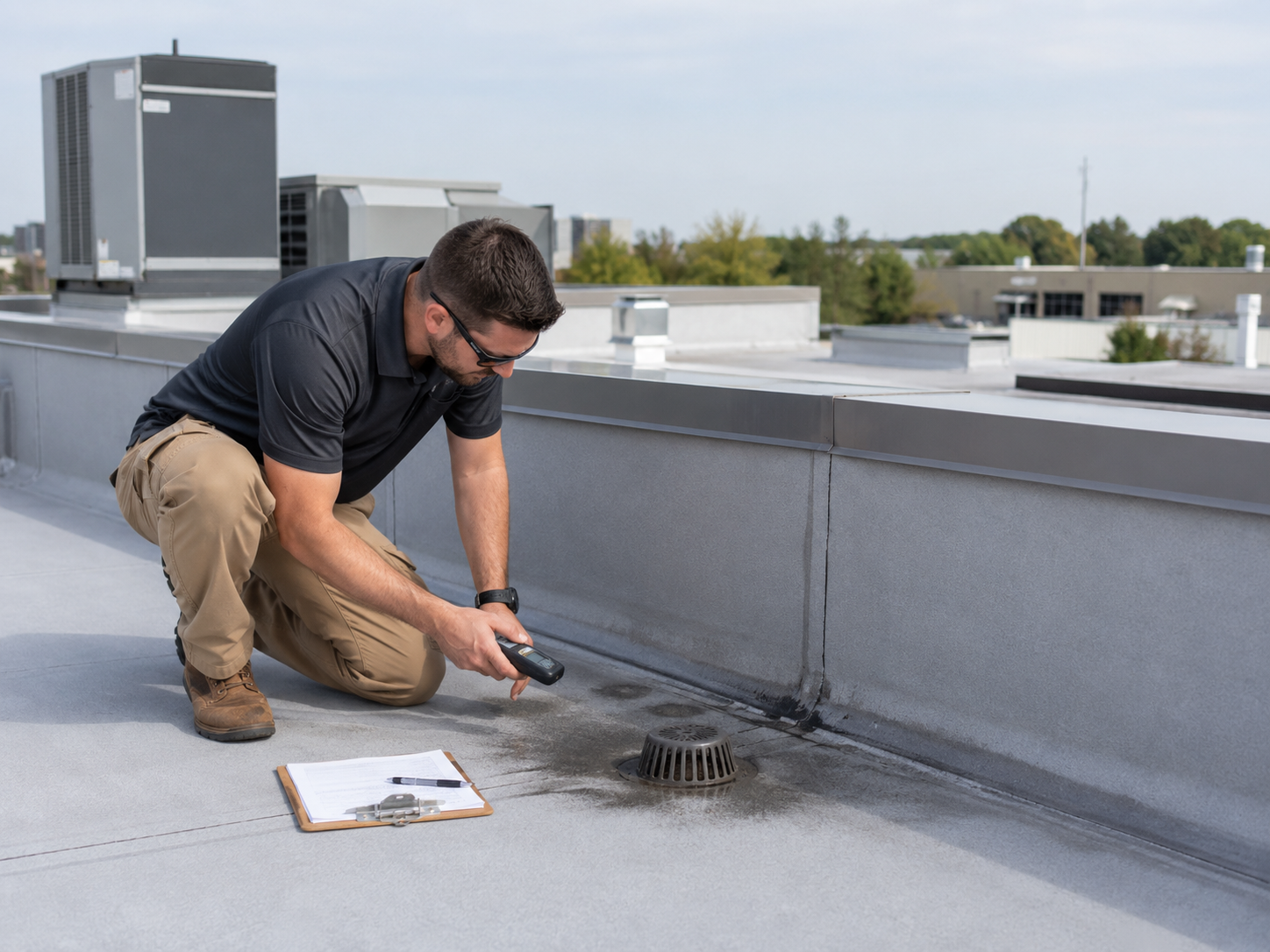 Worker inspecting a rooftop drainage vent with tools on a flat commercial roof