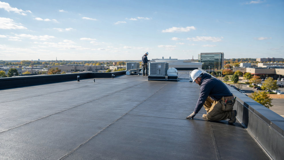 Worker on a flat rooftop installing or inspecting roofing under a clear blue sky.