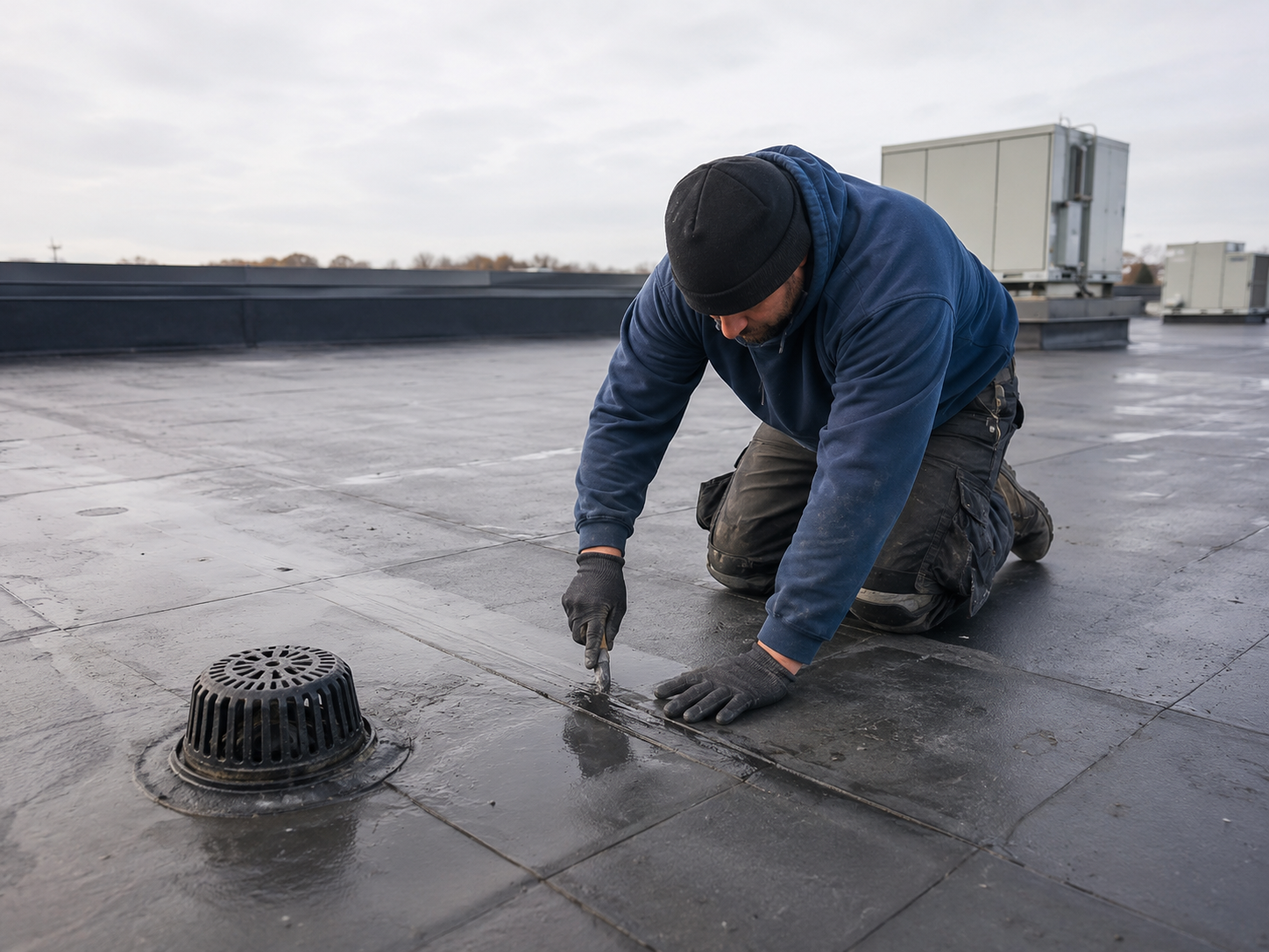 Worker kneeling on a wet rooftop, applying sealant near a roof drain.