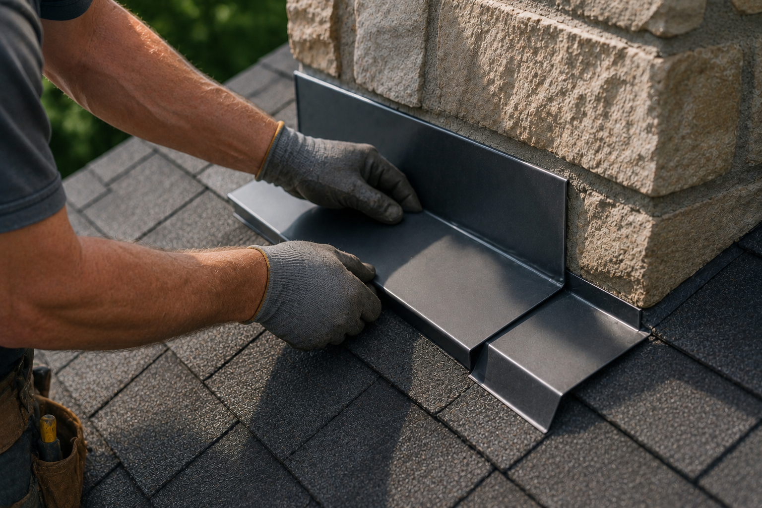 Gloved hands installing a gray metal roof flashing around a brick chimney on asphalt shingles