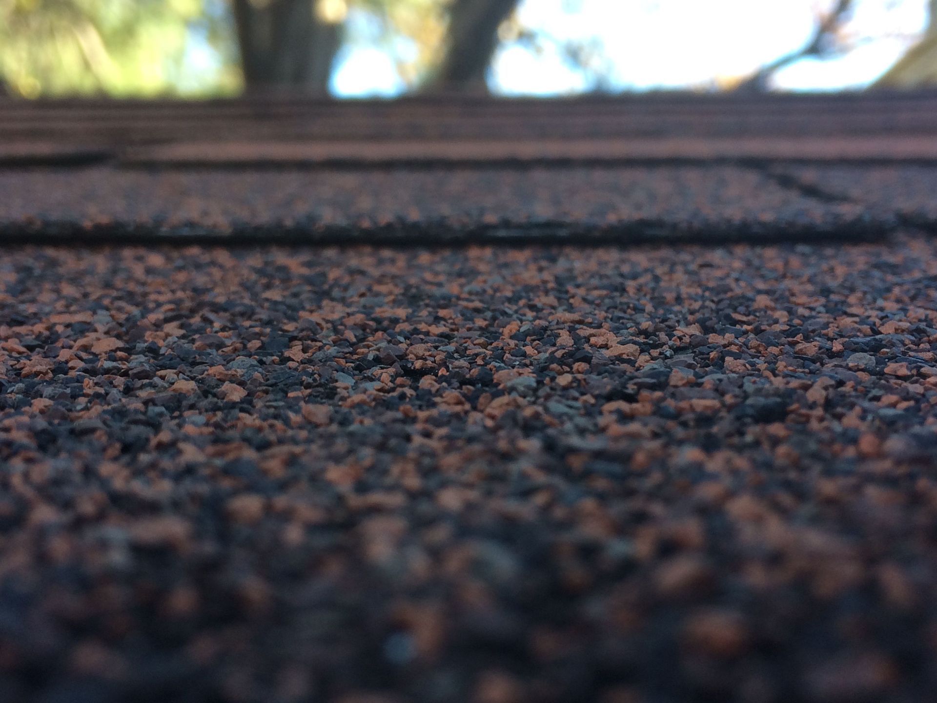 Close-up of a dark, pebbled surface with a blurred road or curb in the background