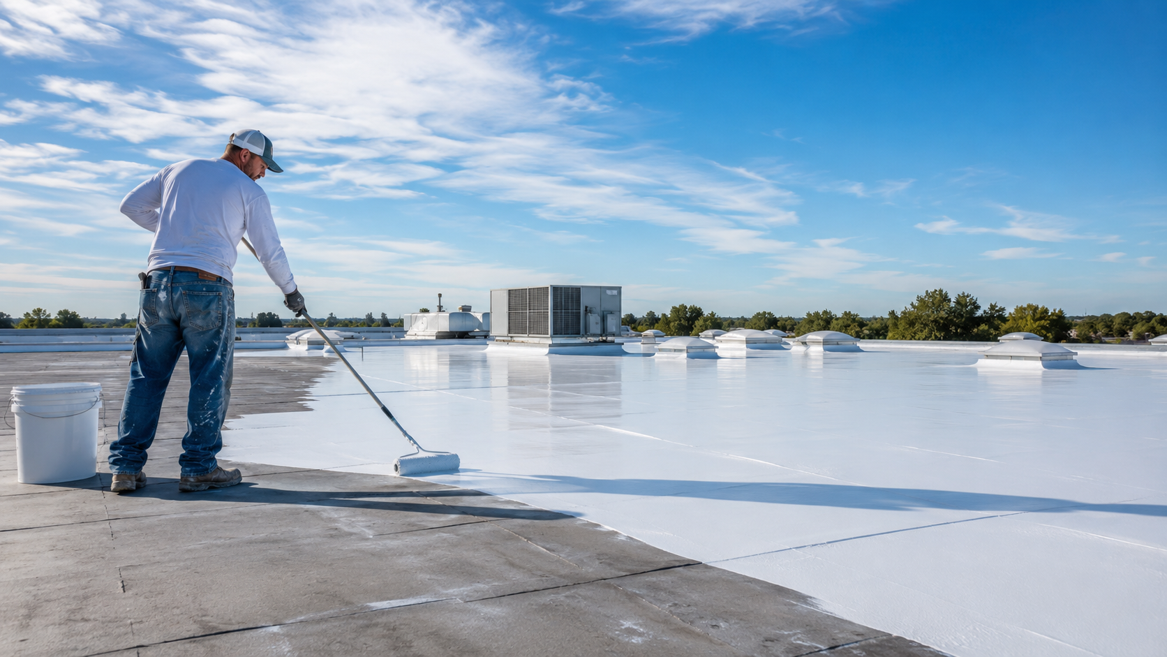 Worker applying white coating to a flat roof with a roller under a blue sky