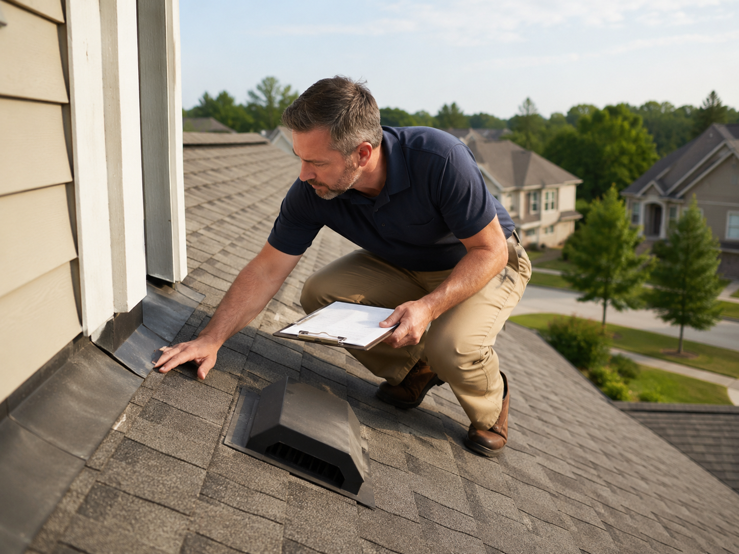 Man kneeling on a shingled roof, inspecting damage near a roof vent with a clipboard.