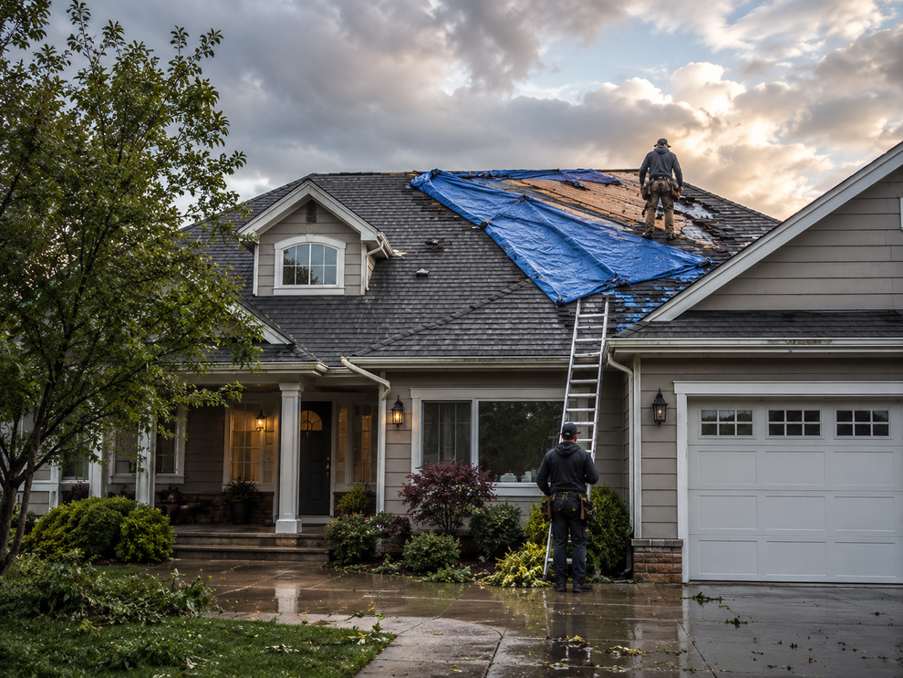 Workers repairing a house roof with blue tarp after storm damage, with a ladder and garage visible.