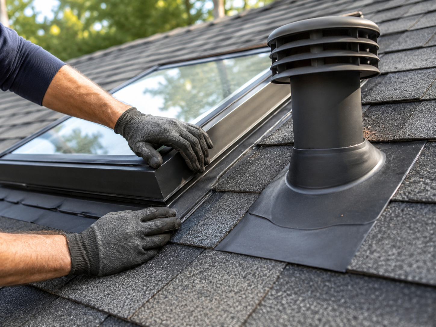 Worker installing a roof vent on gray shingles beside a skylight