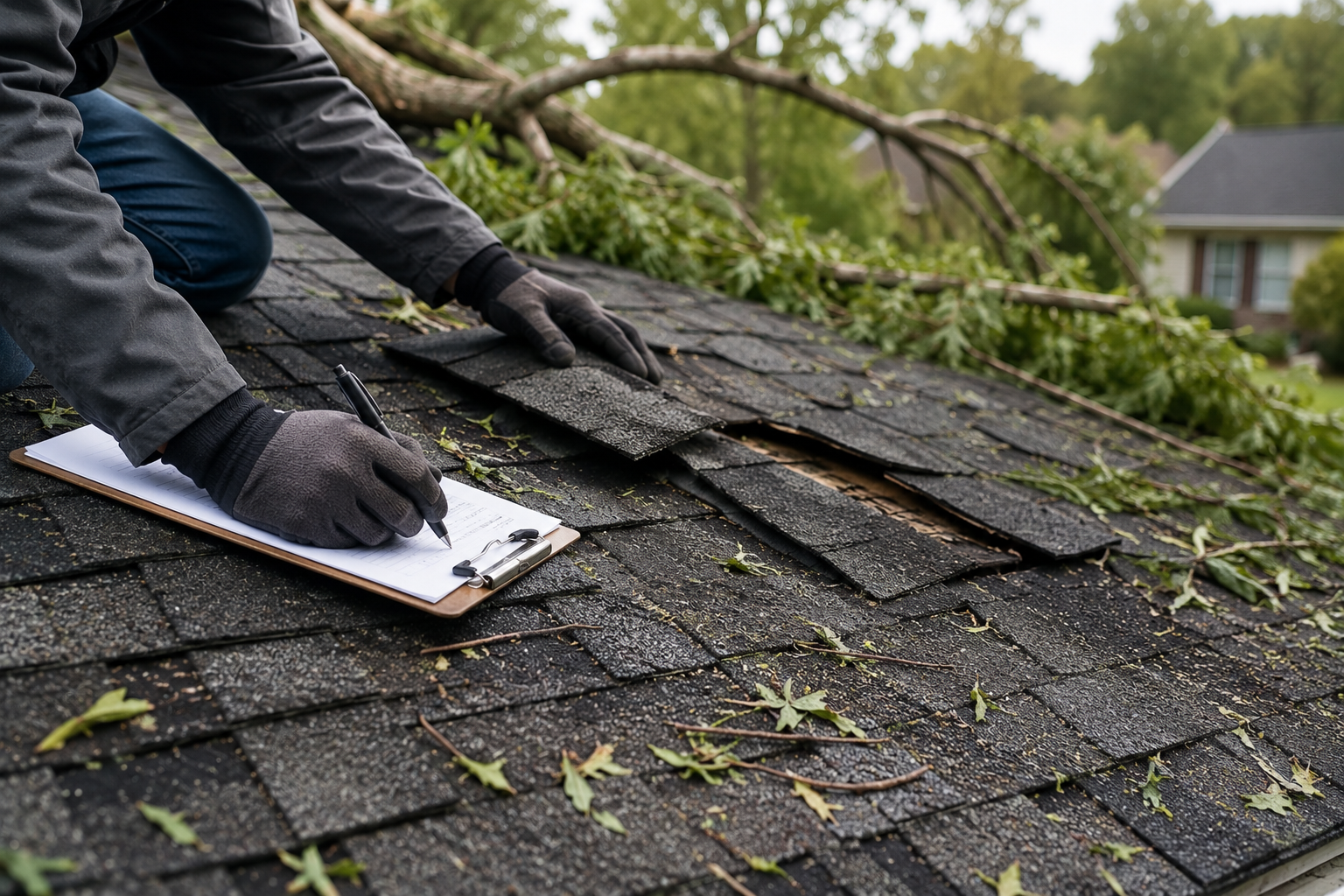 Person inspecting damaged shingle roof with clipboard after storm, fallen branches and leaves scattered nearby