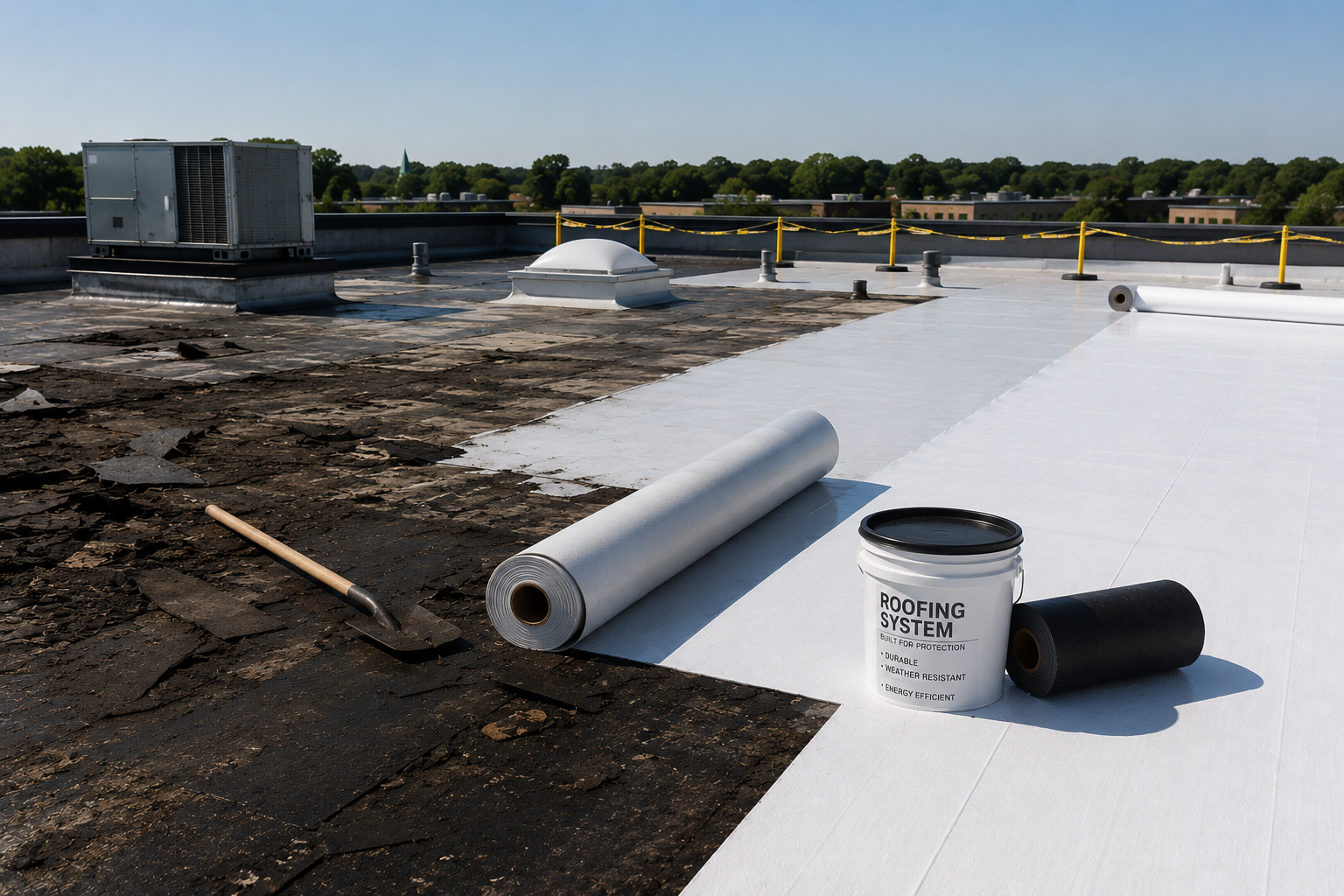Rooftop with white roofing membrane rolls and buckets under installation, near HVAC units and a yellow safety rail.