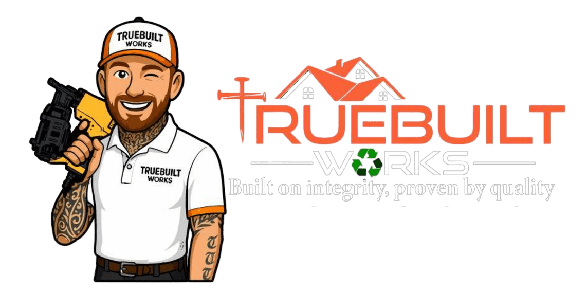 Cartoon contractor holding a power drill beside a TrueBuilt logo and tagline on a white background