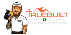 Cartoon contractor holding a power drill beside a TrueBuilt logo and tagline on a white background