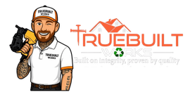 Cartoon contractor holding a power drill beside a TrueBuilt logo and tagline on a white background
