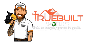 Cartoon contractor holding a drill beside the TrueBuilt logo and “Build integrity, power by quality” text