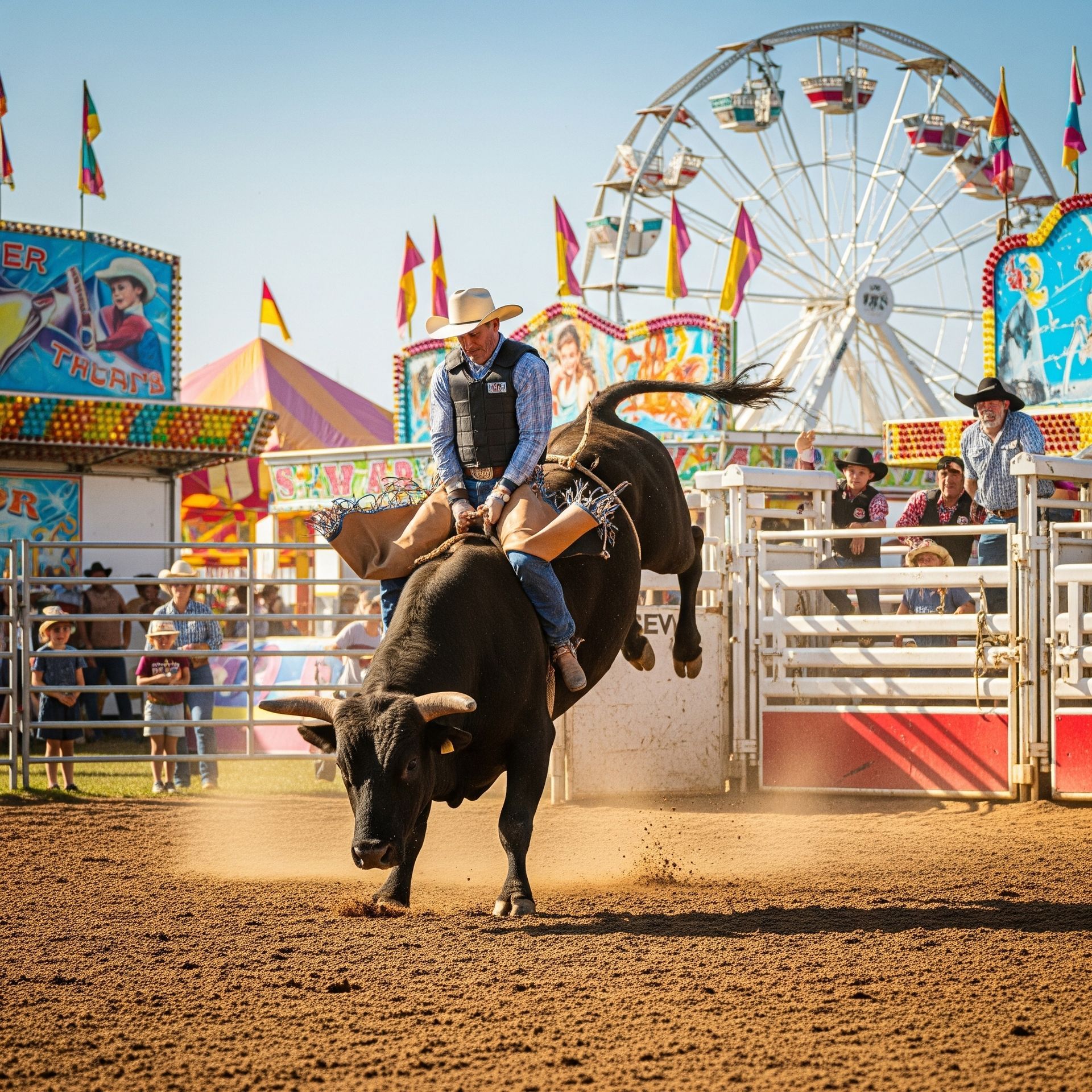 A man is riding a bull at a rodeo in front of a ferris wheel.