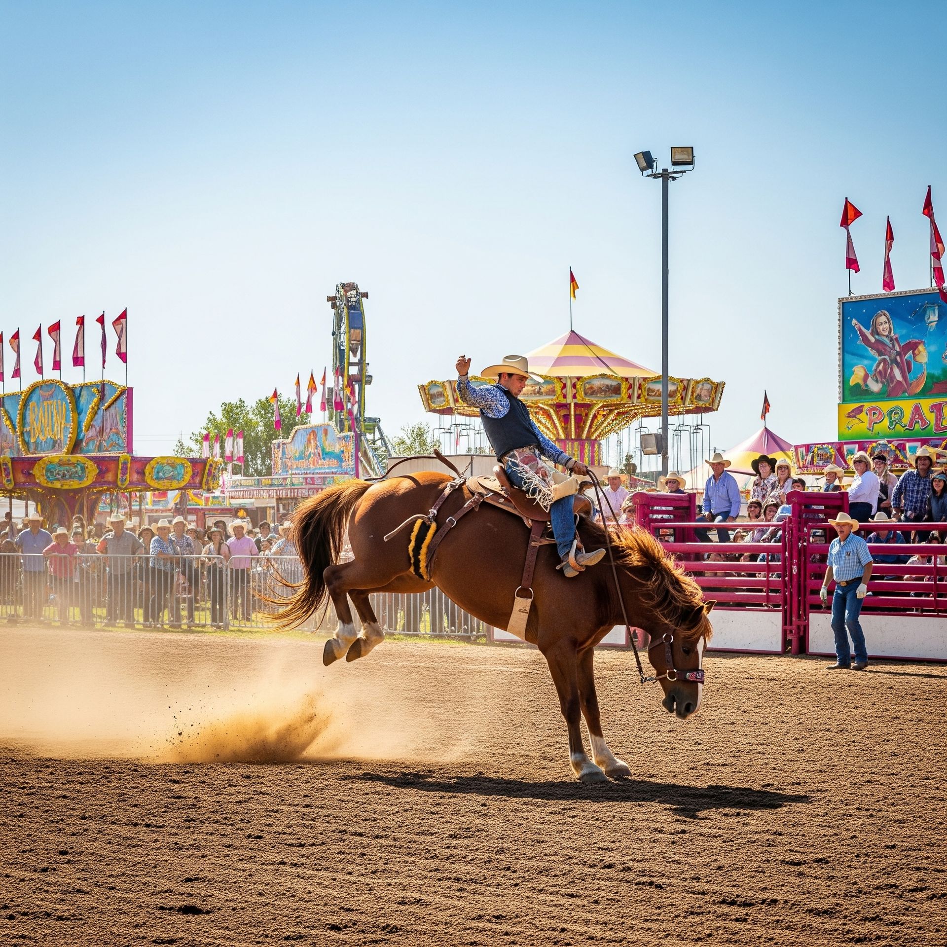 A man is riding a bucking horse at a rodeo.
