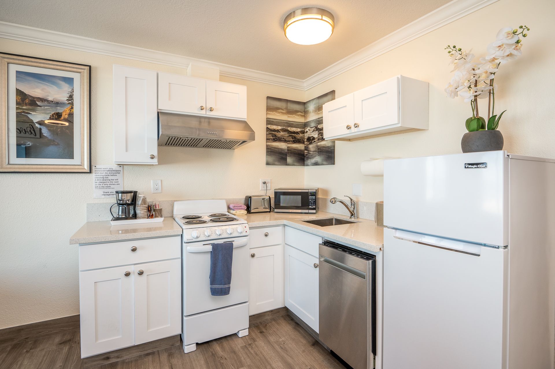 A bright, compact kitchen featuring white cabinets, stainless steel appliances, and a light countertop.