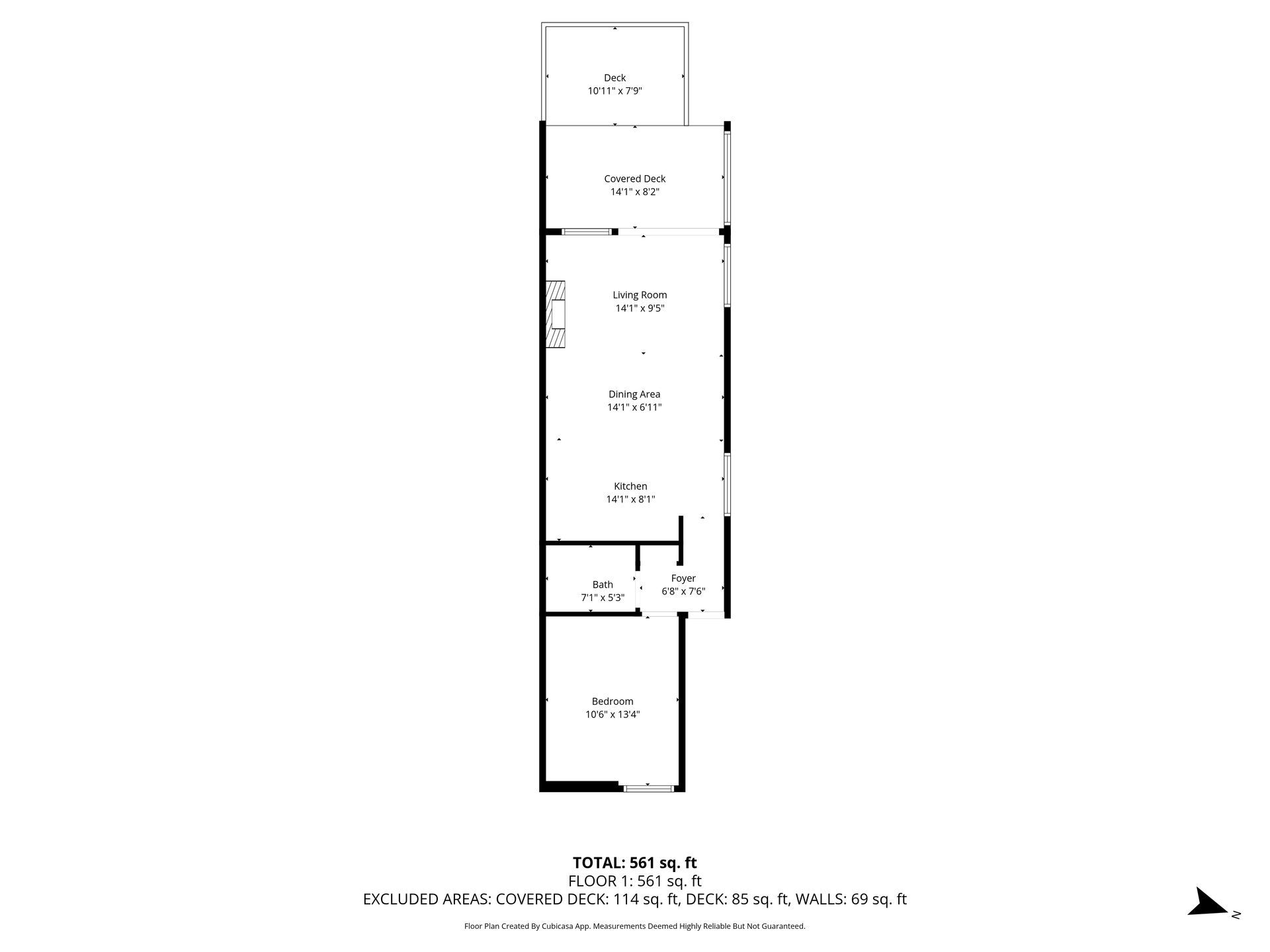 Floor plan of a rectangular residential unit showing kitchen, living area, bedroom, bathroom, and entrance.