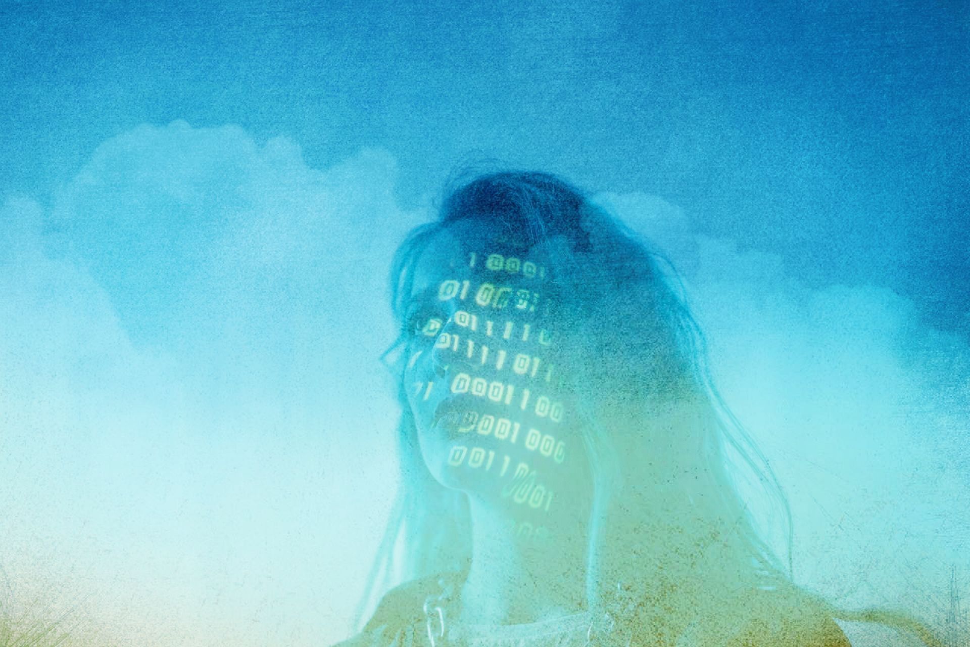 A woman with binary code projected on her face.