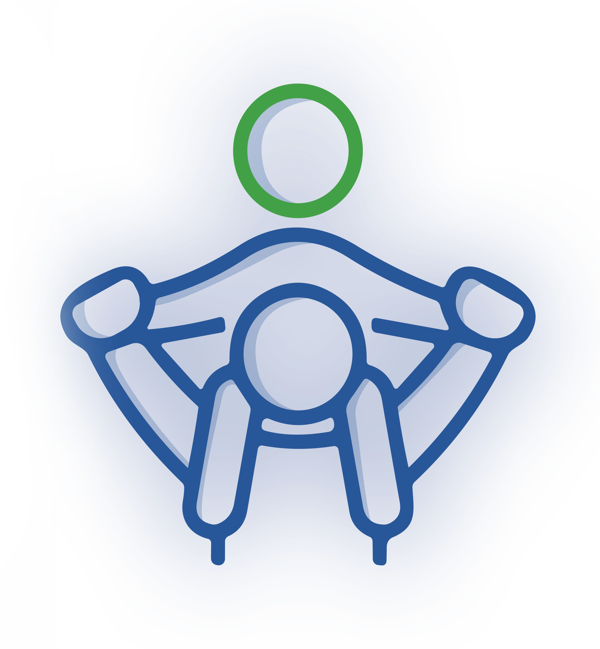 A blue and green icon of a person stretching their arms.