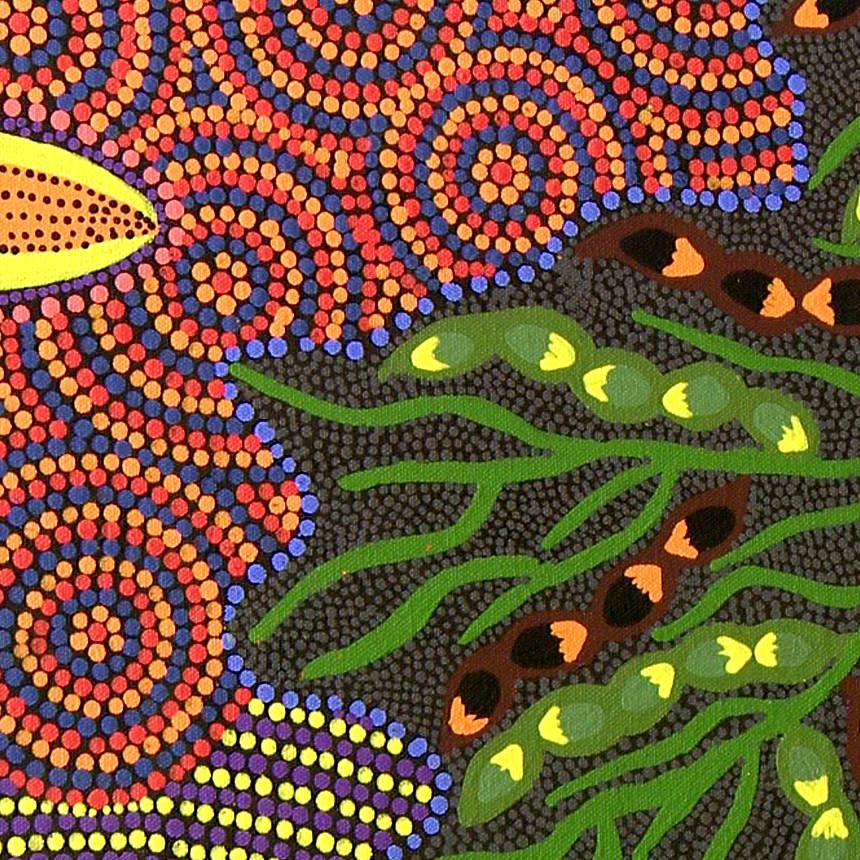 a close up of a colorful painting with dots and leaves on a black background .