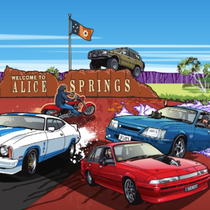 a group of cars are parked in front of a sign that says welcome to alice springs