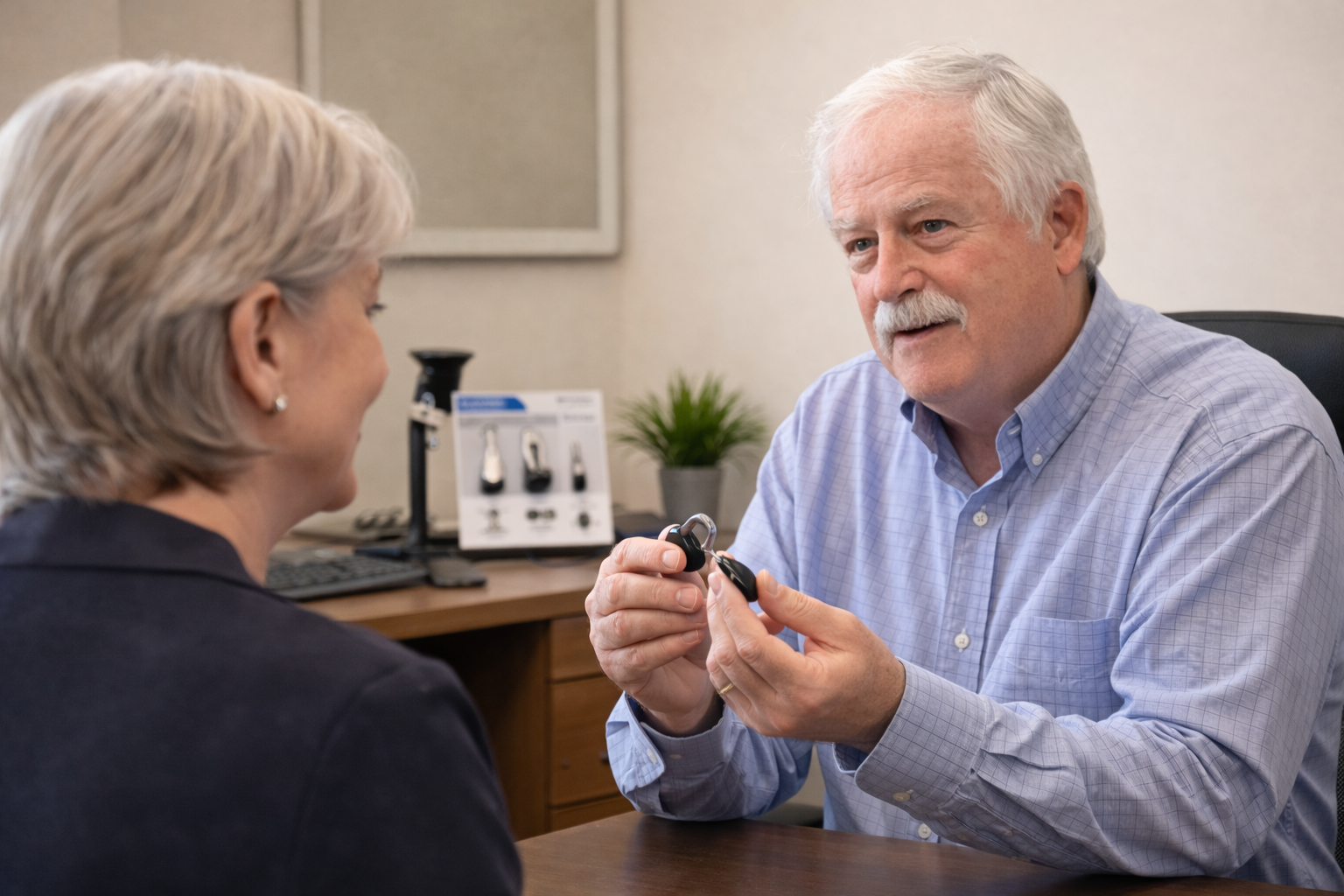 A hearing aid in a case on a table