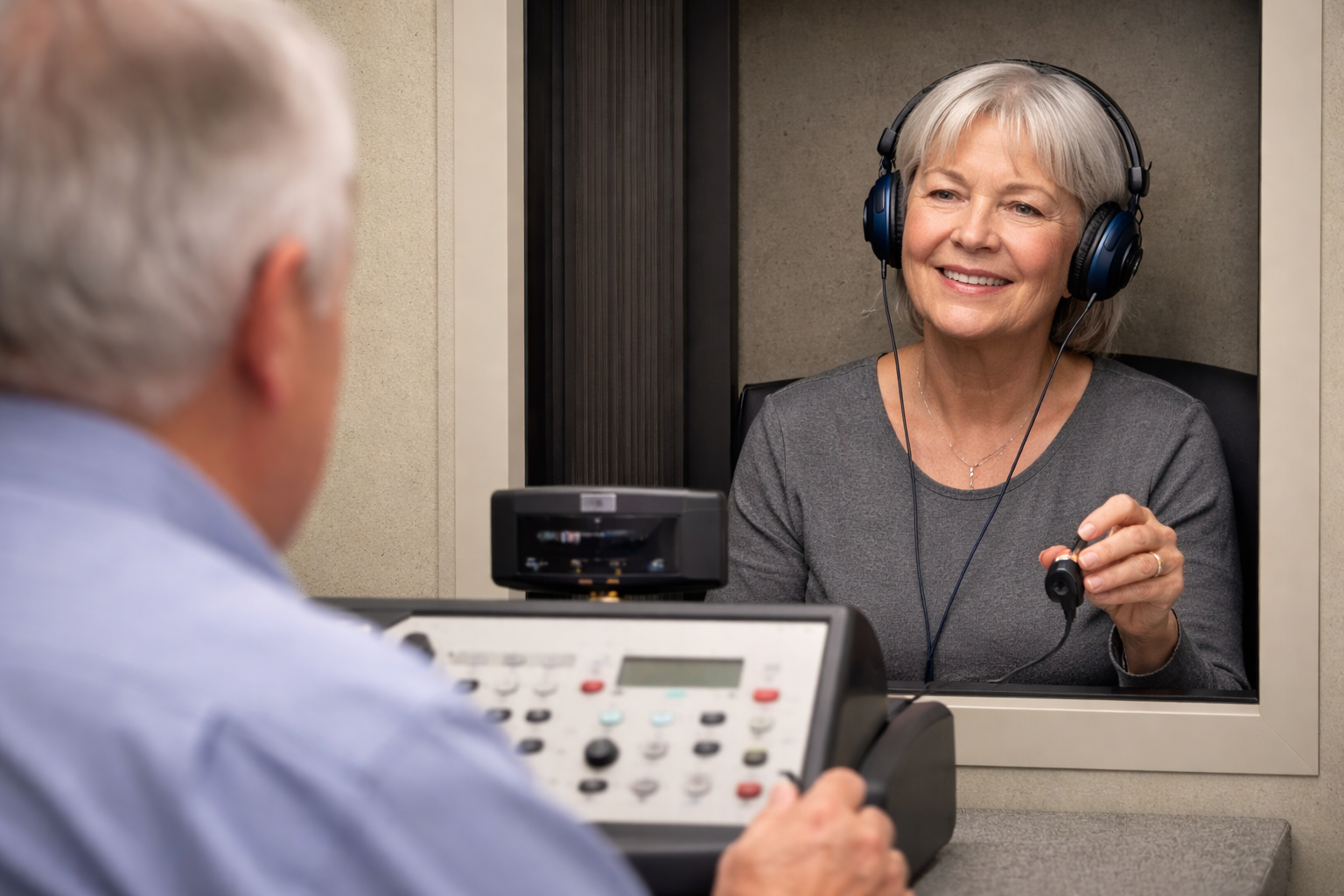 An elderly woman is listening to something with her hand to her ear.