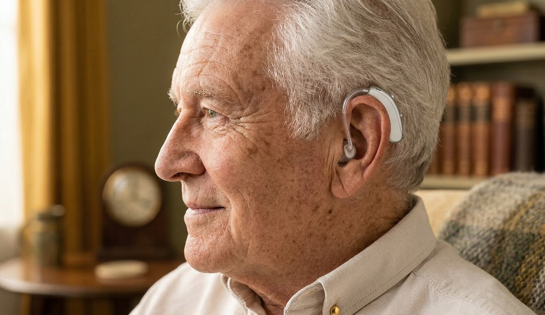 A woman is holding a hearing aid in her hand.