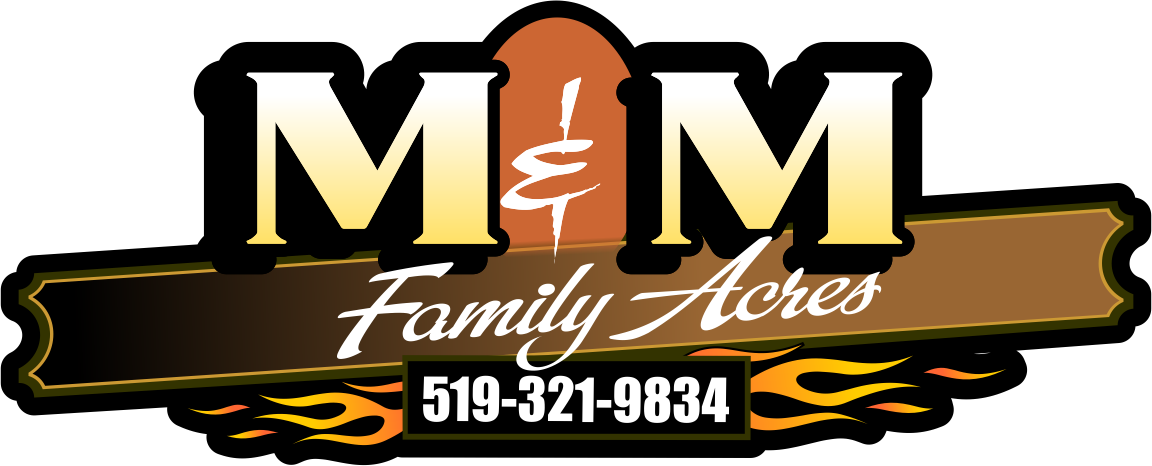 A logo for a company called m & m family acres.