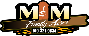 A logo for a company called m & m family acres.