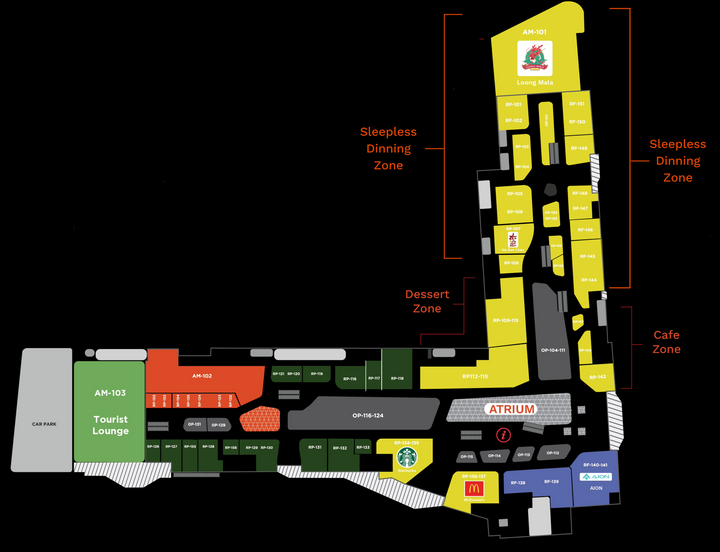 a map of Bravo BKK mall shows the sleepless dining zone and the dessert zone on 1st Floor