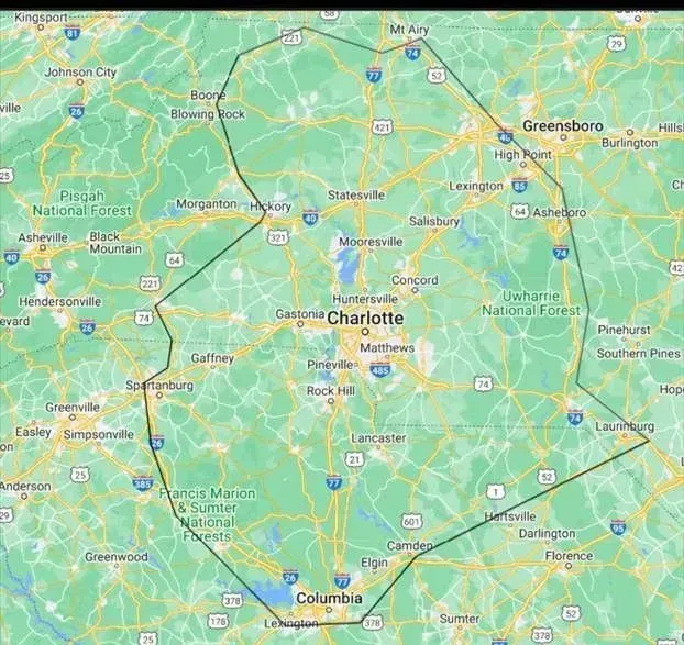 A map of north carolina with a circle around charlotte.