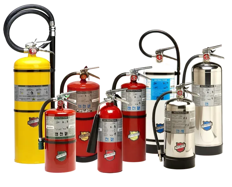 A group of fire extinguishers are lined up in a row on a white background.