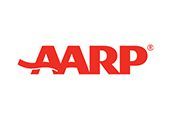 Red AARP logo featuring bold, capitalized letters with a stylized red wave extending from the base of the letter A.